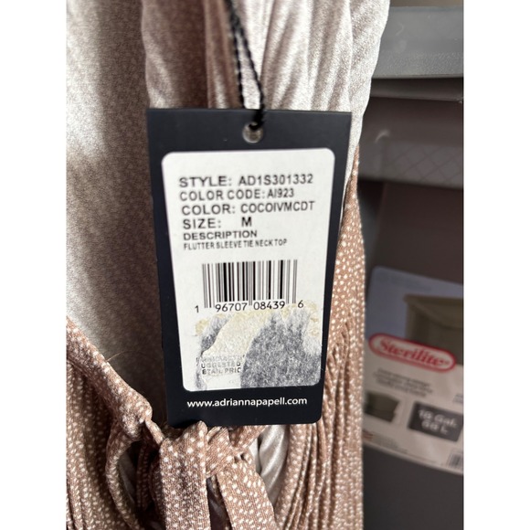 Adrianna Papell Flutter Sleeve Tie Neck Top Ditsy Dot Print Tan Medium - Picture 4 of 8